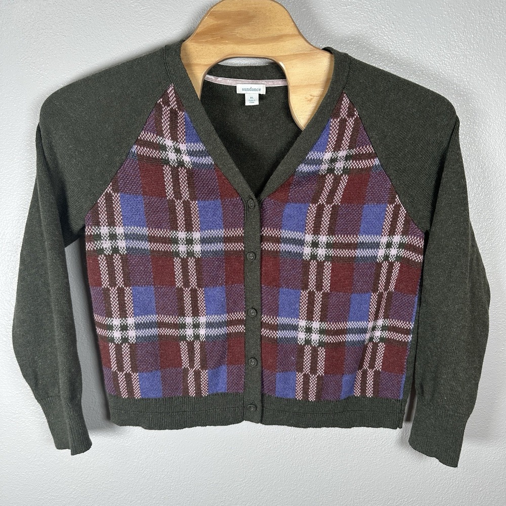 Sundance Wool Cotton Blend Cardigan Sweater Womens Size‎ XL Green Plaid Acedemic